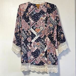 Wrangler Boho Western Patchwork Cardigan-Lace Trim, Open Front, Lightweight, Lg
